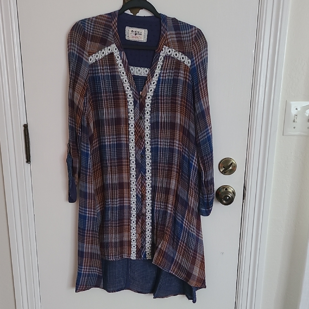 Blue and Brown Plaid Long Sleeve Dress